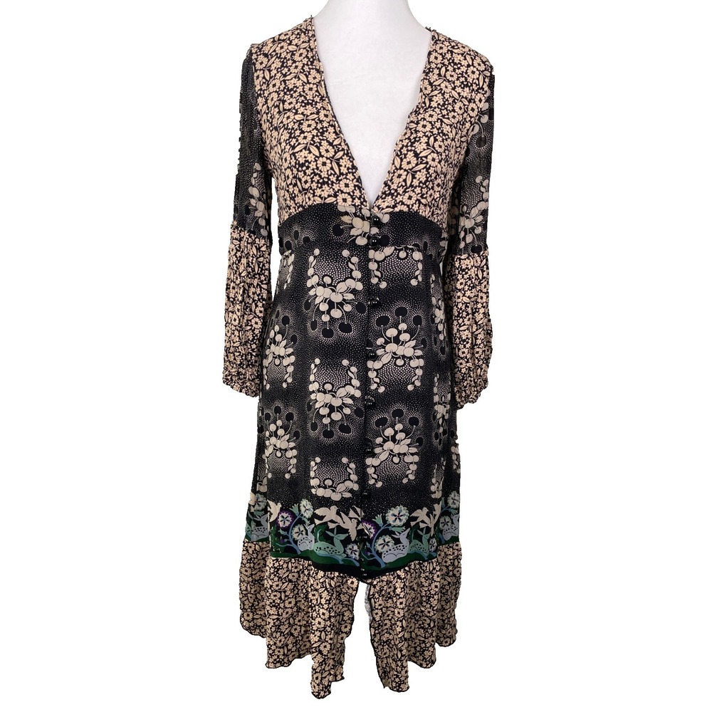 Anna Sui Daisy Delights Midi Dress 6 Black Floral Silk Long Sleeve Button Front‎